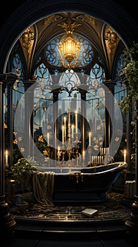Enter the realm of tarot card-inspired art with a striking depiction of a skeleton in a bathtub. Ceated with Generative AI photo