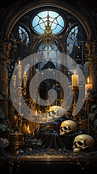 Enter the realm of tarot card-inspired art with a striking depiction of a skeleton in a bathtub. Ceated with Generative AI photo