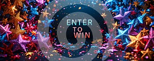 Enter to Win bold 3D text surrounded by vibrant multicolored stars, symbolizing contest, sweepstakes, rewards, chance, and