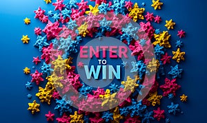 Enter to Win bold 3D text surrounded by vibrant multicolored stars, symbolizing contest, sweepstakes, rewards, chance, and