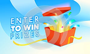 Enter to Win Prizes Banner. Open Red Gift Box with Confetti Fireworks on Blue Background. Raffle, Lottery Promo Poster