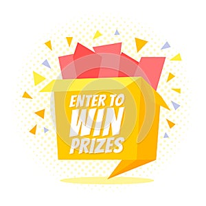 Enter to win prizes gift box. Cartoon origami style
