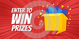 Enter to win prizes gift box. Cartoon origami style vector illustration