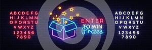 Enter to Win Prizes Neon Sign Vector. Gift neon sign, design template, modern trend design, night neon signboard, night