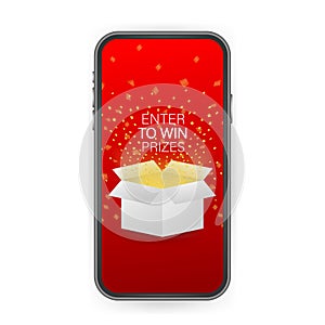 Enter to Win Prizes. Open Red Gift Box and Confetti on smartphone screen. Win Prize. Vector stock Illustration