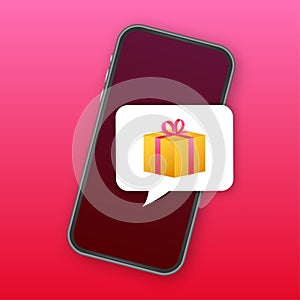 Enter to Win Prizes. Open Red Gift Box and Confetti on smartphone screen. Win Prize. Vector stock Illustration.