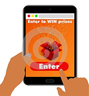 Enter to win prizes. Open red gift box and confetti on tablet pc screen
