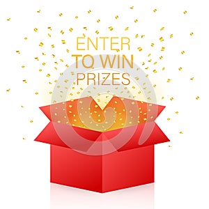 Enter to Win Prizes. Open Red Gift Box and Confetti. Vector stock Illustration