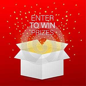 Enter to Win Prizes. Open Red Gift Box and Confetti. Vector stock Illustration