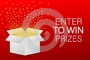 Enter to Win Prizes. Open Red Gift Box and Confetti. Vector stock Illustration