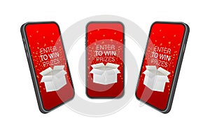 Enter to Win Prizes on smartphone screen. Open Red Gift Box and Confetti. Vector stock Illustration.