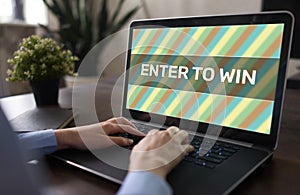 Enter to win text on the screen. Giveaway. Lottery and prizes. Social media marketing and advertising concept