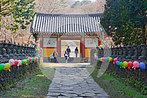 Entering alley and gate of Gwaneumsa buddhist Temple at Jeju