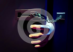 Entering a door with chain at night. 3d illustration