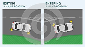 Entering and exiting a major roadway. White sedan car merging onto and exiting a highway.