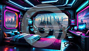 Upon entering the futuristic room, you are greeted by a bed, adorned with LED lights.