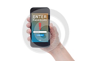 Entering password on smartphone. Smartphone in hand. White background