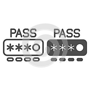 Entering secure password line and solid icon, hacker attacks concept. Vector graphics. Password input form sign on white