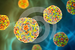 Enteroviruses, 3D illustration showing spherical, non-enveloped RNA viruses responsible for diseases like meningitis, myocarditis photo