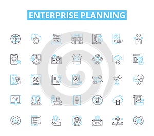 Enterprise planning linear icons set. Strategy, Budgeting, Forecasting, Analysis, Optimization, Execution, Planning line
