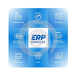 Enterprise resource planning ERP module icon Construction on blue square flow chart vector design