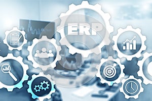 Enterprise resource planning on office background. Automation and innovation concept. ERP photo