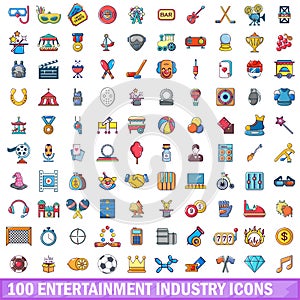 100 entertaiment industry icons set, cartoon style