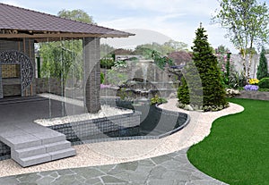 Entertaining backyard garden creation, 3D illustration photo