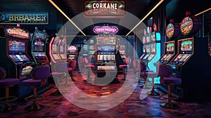 Entertainment area illuminated with casino machines at night. Generative AI