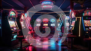 Entertainment area illuminated with casino machines at night. Generative AI