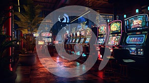 Entertainment area illuminated with casino machines at night. Generative AI