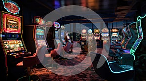 Entertainment area illuminated with casino machines at night. Generative AI