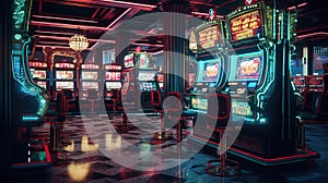 Entertainment area illuminated with casino machines at night. Generative AI