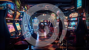 Entertainment area illuminated with casino machines at night. Generative AI