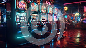 Entertainment area illuminated with casino machines at night. Generative AI