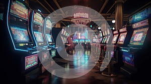 Entertainment area illuminated with casino machines at night. Generative AI