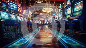 Entertainment area illuminated with casino machines at night. Generative AI