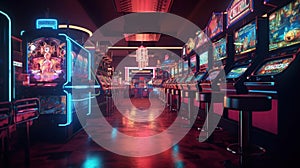 Entertainment area illuminated with casino machines at night. Generative AI