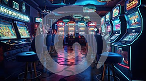 Entertainment area illuminated with casino machines at night. Generative AI