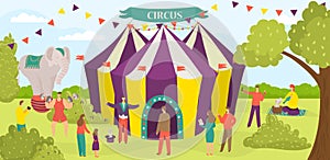 Entertainment circus tent performance, carnival performer group of people character flat vector illustration, street