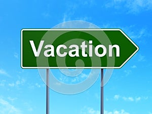 Entertainment, concept: Vacation on road sign background