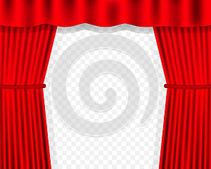 Entertainment curtains background for movies. Beautiful red theatre folded curtain drapes on black stage. Vector stock