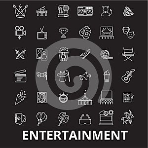 Entertainment editable line icons vector set on black background. Entertainment white outline illustrations, signs