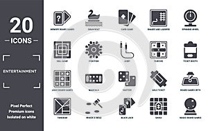 entertainment icon set. include creative elements as memory board games, spinning wheel, parchis, yahtzee, whack a mole, logic photo