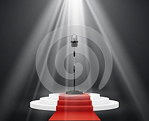 Entertainment industry. Microphone stand on stage round podium. Pedestal platform illuminated ceremony vector