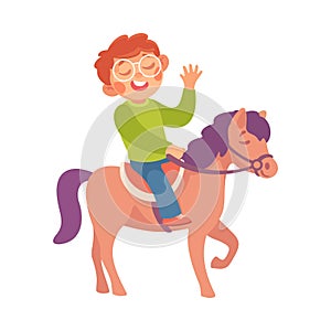 Entertainment with Little Boy in Amusement Park Riding Horse Vector Illustration