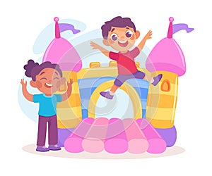 Entertainment with Little Boy and Girl Jumping on Trampoline in Bouncy Castle in Amusement Park Vector Illustration