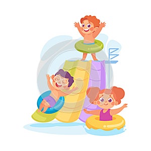 Entertainment with Little Boy and Girl Sliding Down with Rubber Ring in Amusement Aqua Park Vector Illustration