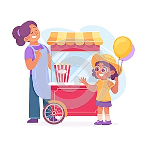 Entertainment with Little Girl at Popcorn Stall with Balloons in Amusement Park Vector Illustration