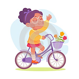 Entertainment with Little Girl Riding Bicycle and Waving Hand in Amusement Park Vector Illustration